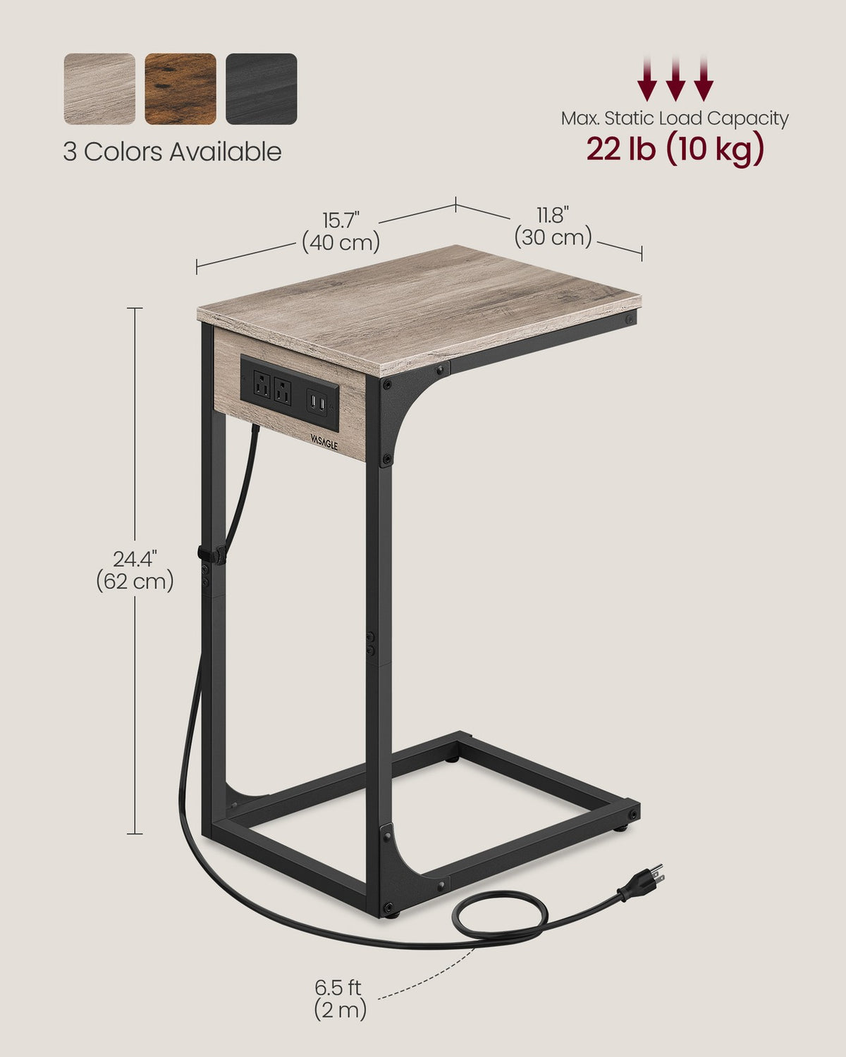 C-Shaped Side Table with Charging Station