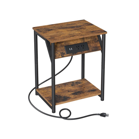 Side Table with Charging Station, End Table with USB Ports and Outlets, Nightstand for Living Room, Bedroom, Plug-in Series, Rustic Brown and Black ULET371B01