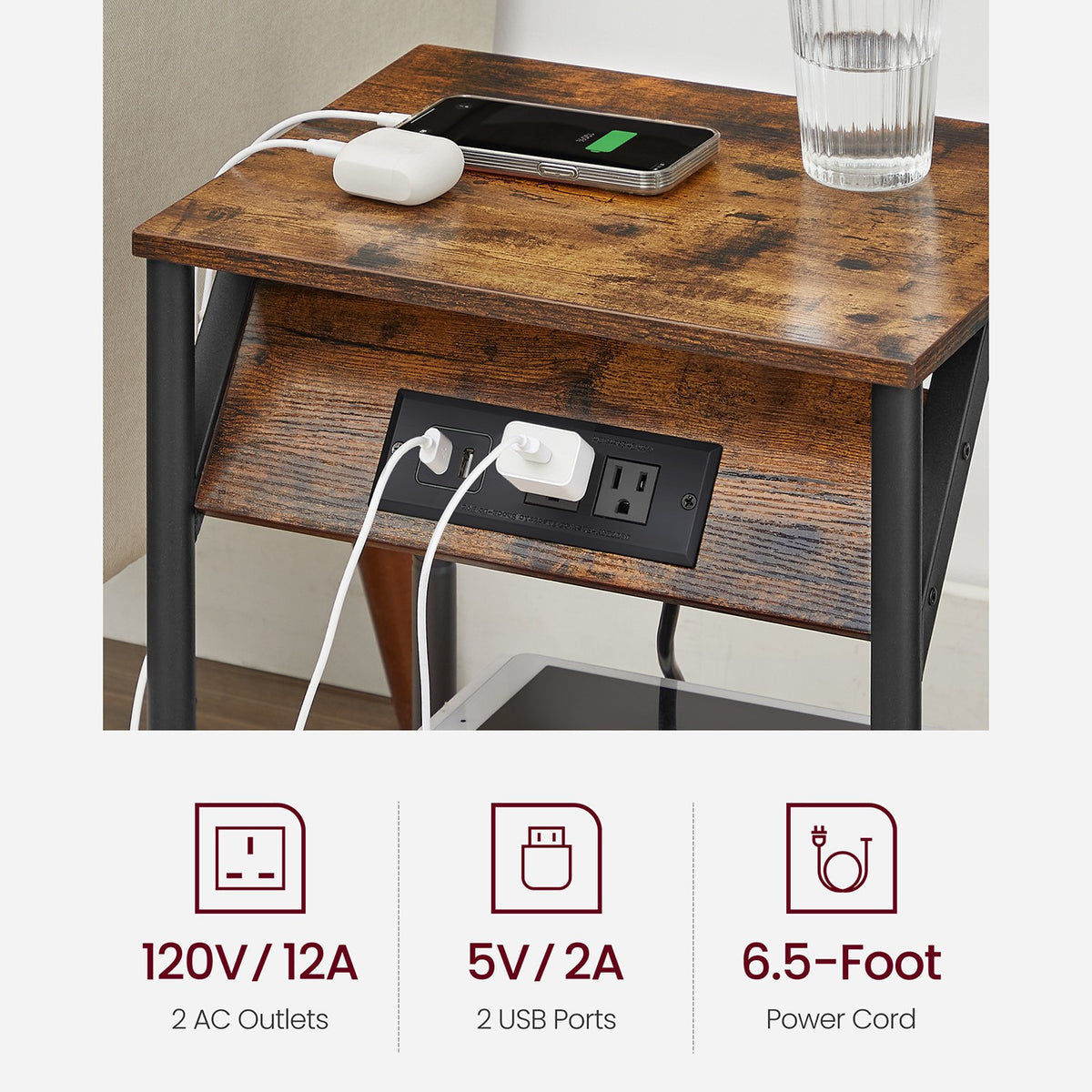 Side Tables with Charging Station, Set of 2 End Tables with USB Ports and Outlets, Nightstands for Living Room, Bedroom, Plug-in Series, Rustic Brown and Black