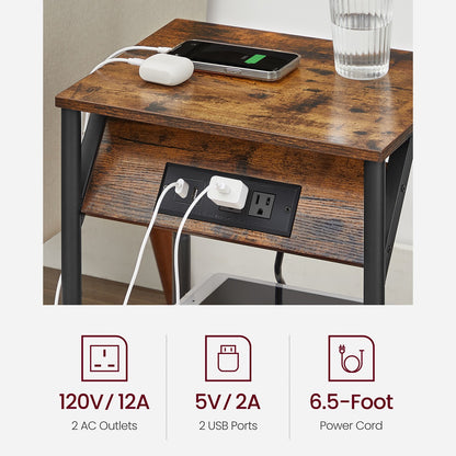 Side Tables with Charging Station, Set of 2 End Tables with USB Ports and Outlets, Nightstands for Living Room, Bedroom, Plug-in Series, Rustic Brown and Black