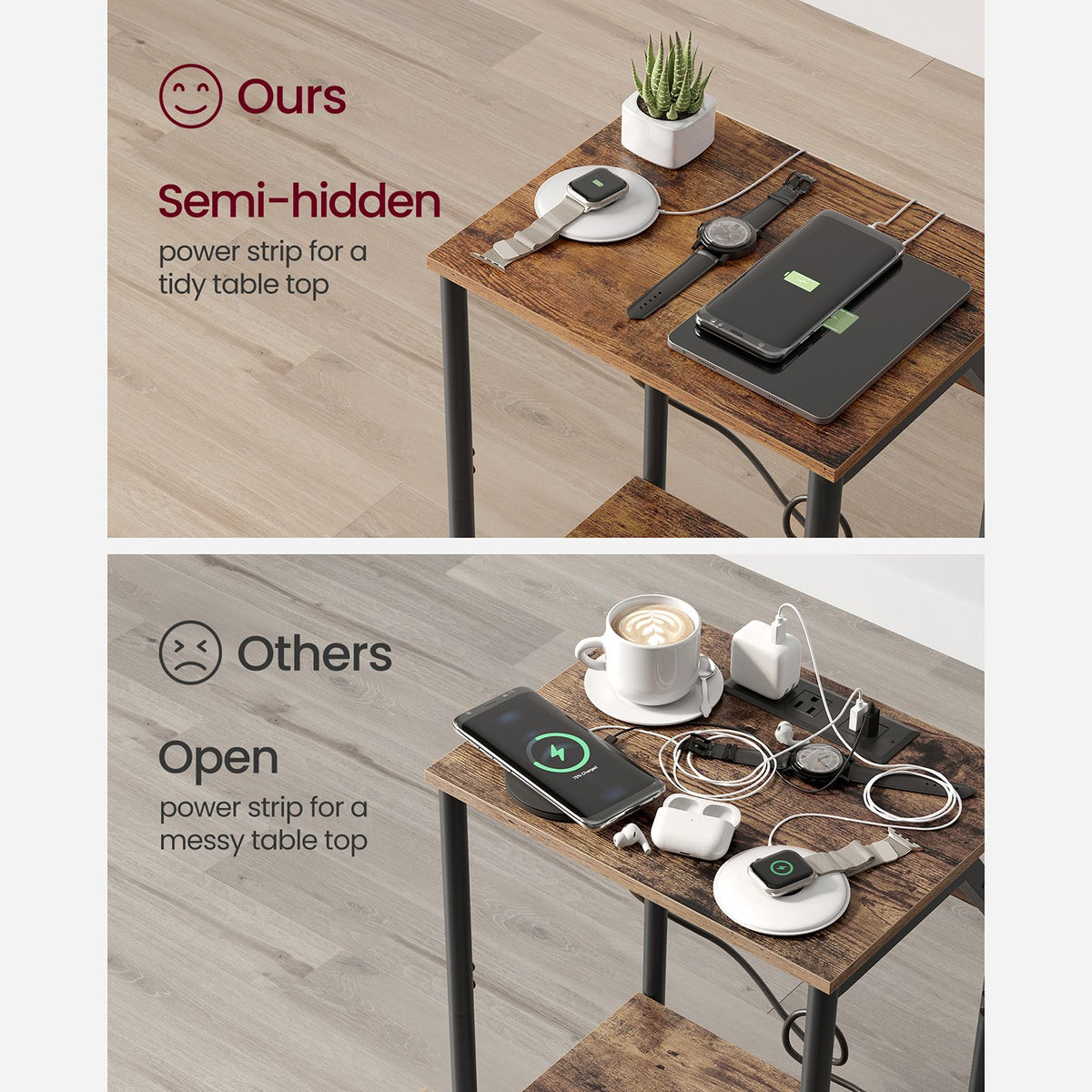 Side Tables with Charging Station, Set of 2 End Tables with USB Ports and Outlets, Nightstands for Living Room, Bedroom, Plug-in Series, Rustic Brown and Black