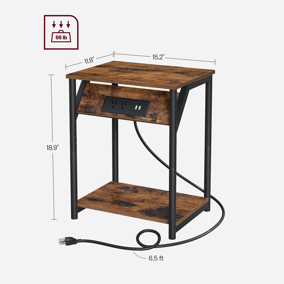 Side Tables with Charging Station, Set of 2 End Tables with USB Ports and Outlets, Nightstands for Living Room, Bedroom, Plug-in Series, Rustic Brown and Black