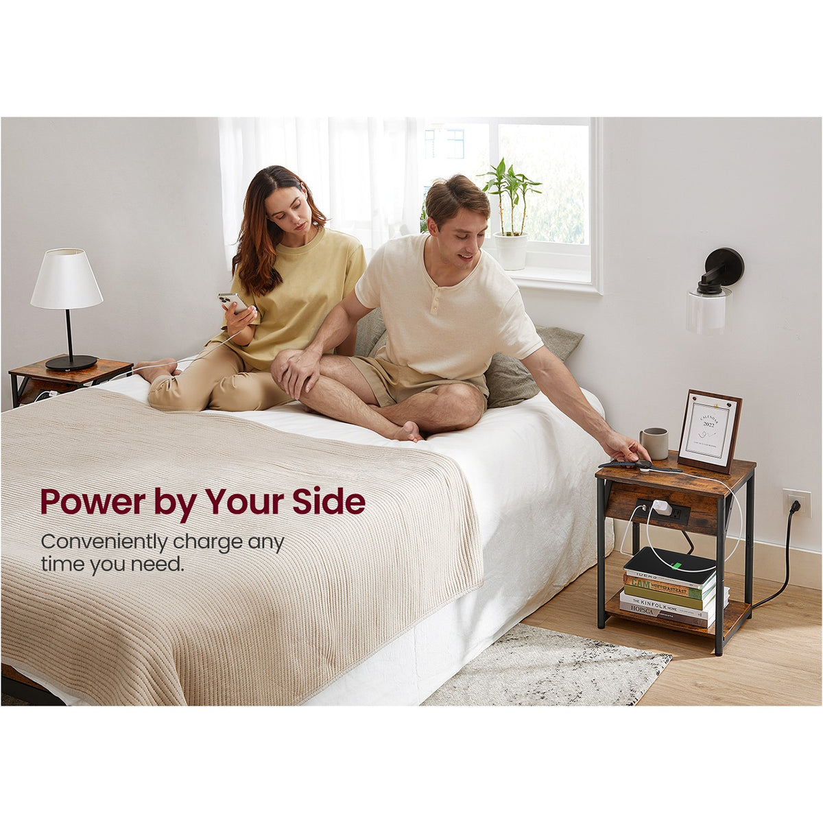 Side Tables with Charging Station, Set of 2 End Tables with USB Ports and Outlets, Nightstands for Living Room, Bedroom, Plug-in Series, Rustic Brown and Black