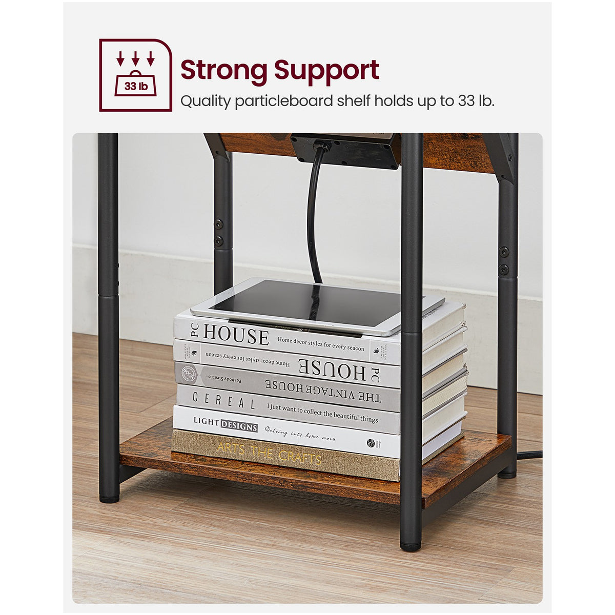 Side Tables with Charging Station, Set of 2 End Tables with USB Ports and Outlets, Nightstands for Living Room, Bedroom, Plug-in Series, Rustic Brown and Black