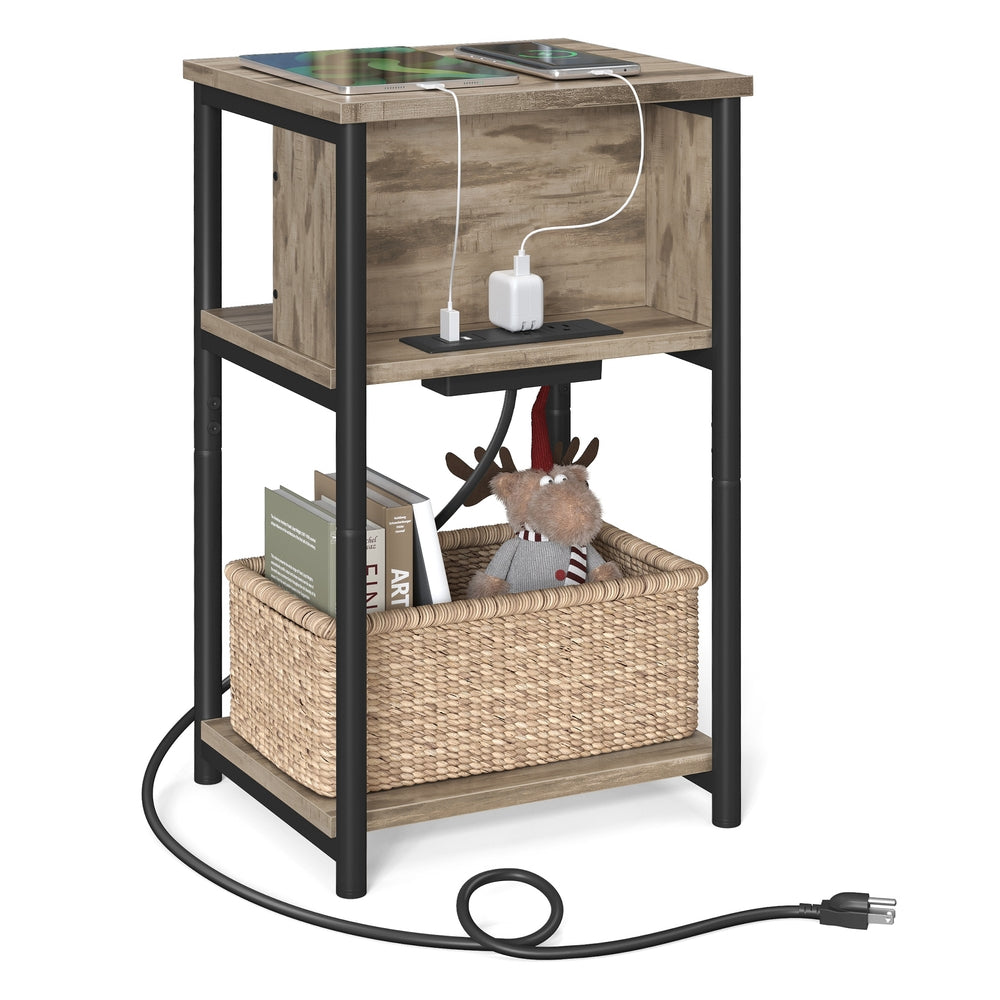 3-Tier End Table with Charging Station Chestnut Brown and Black