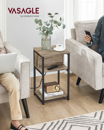 3-Tier End Table with Charging Station Chestnut Brown and Black