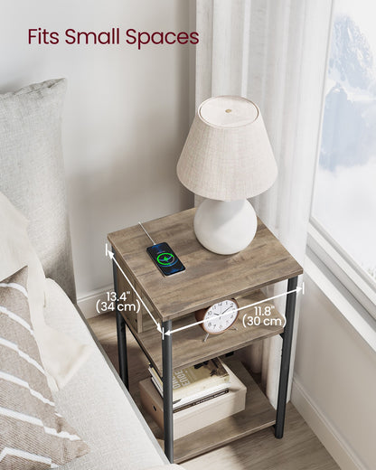 3-Tier End Table with Charging Station Chestnut Brown and Black