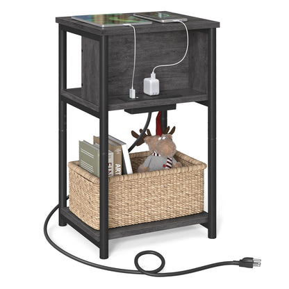 3-Tier End Table with Charging Station Chestnut Brown and Black - Misty Gray + Black
