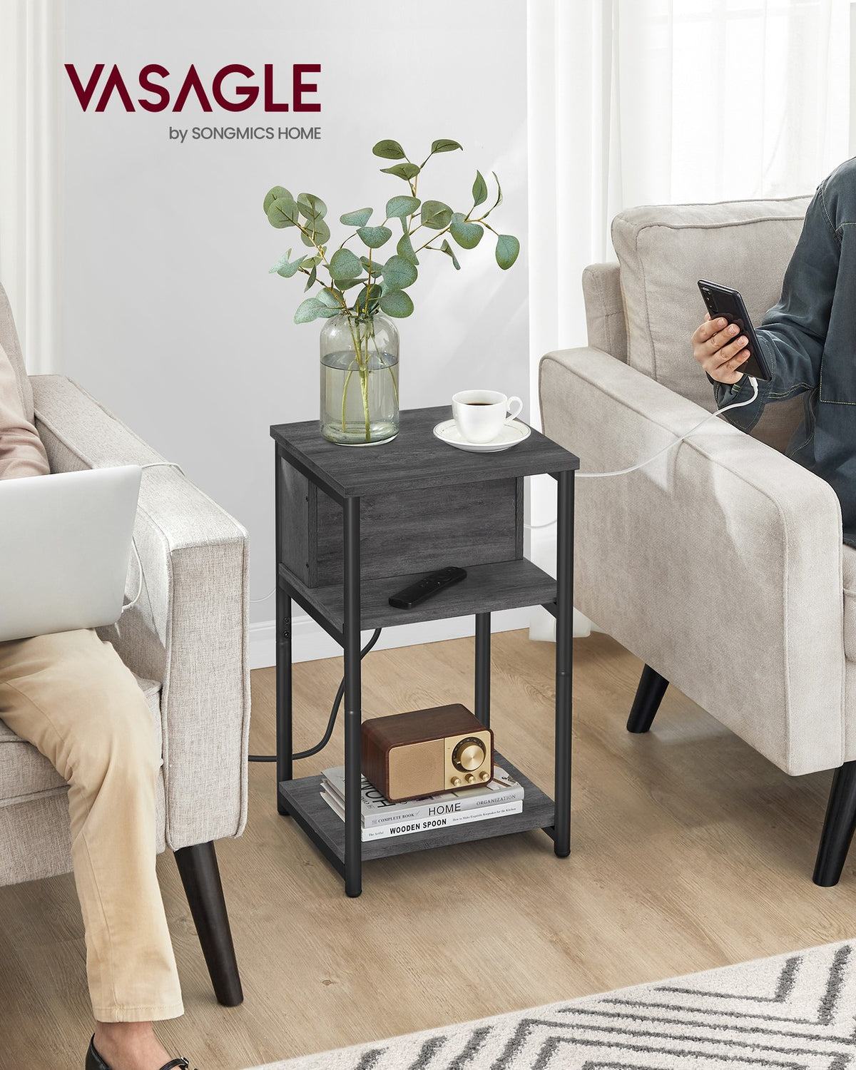 3-Tier End Table with Charging Station Chestnut Brown and Black
