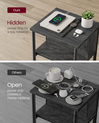 3-Tier End Table with Charging Station Chestnut Brown and Black