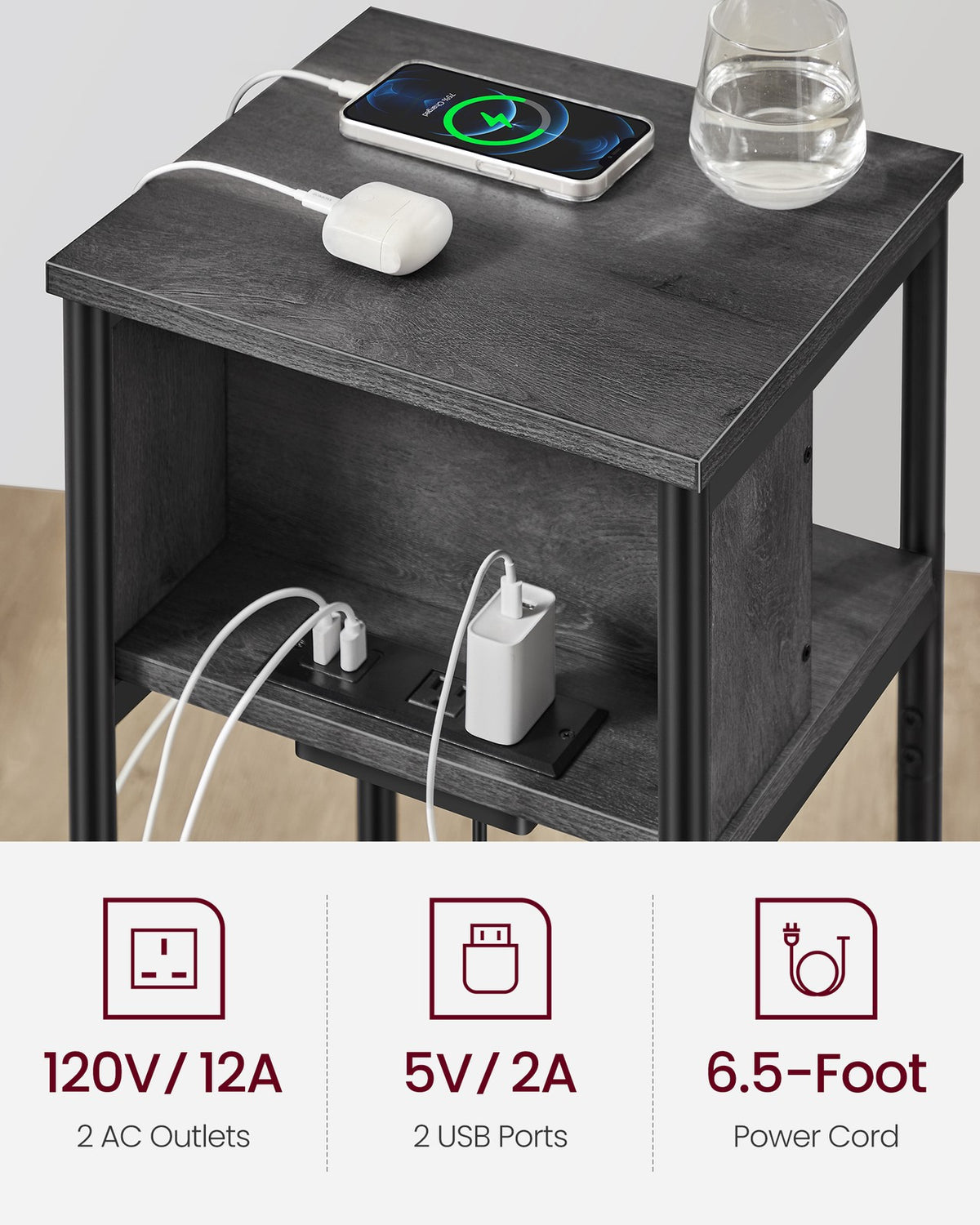 3-Tier End Table with Charging Station Chestnut Brown and Black