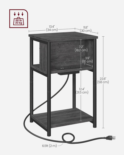 3-Tier End Table with Charging Station Chestnut Brown and Black