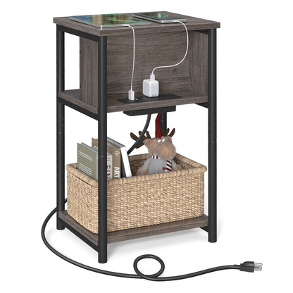 3-Tier End Table with Charging Station Chestnut Brown and Black