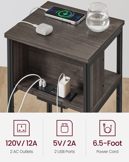 3-Tier End Table with Charging Station Chestnut Brown and Black