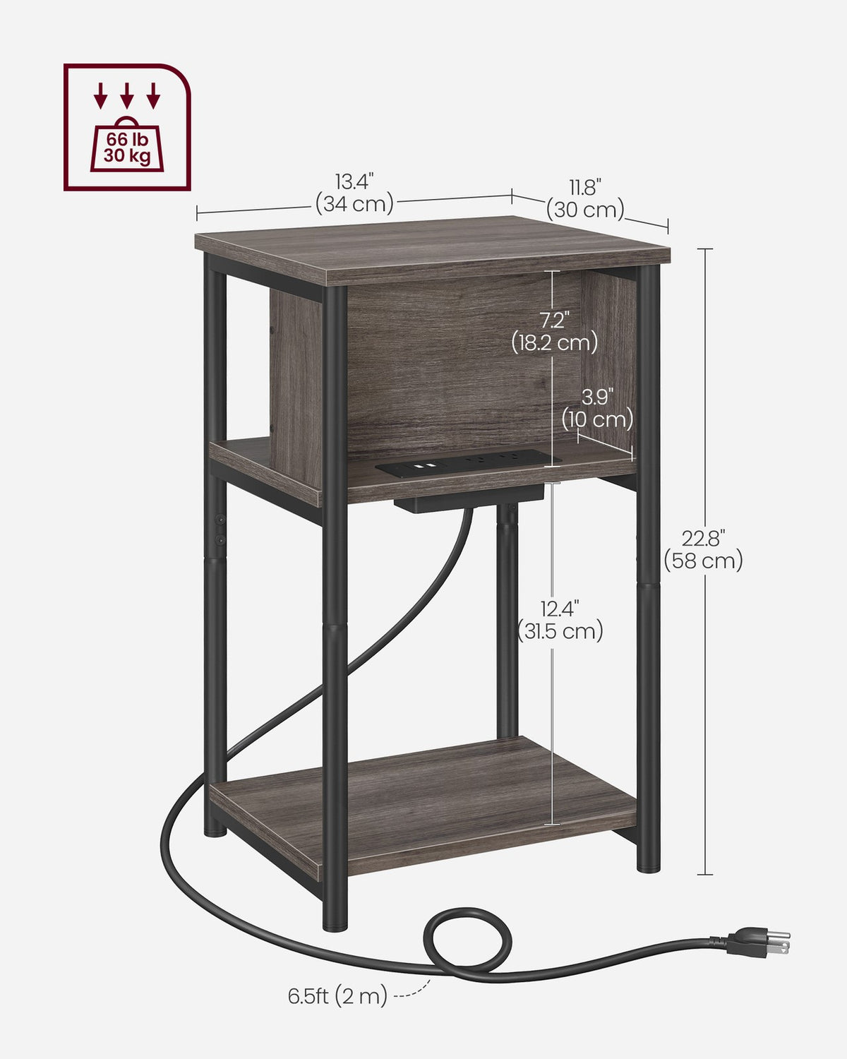 3-Tier End Table with Charging Station Chestnut Brown and Black