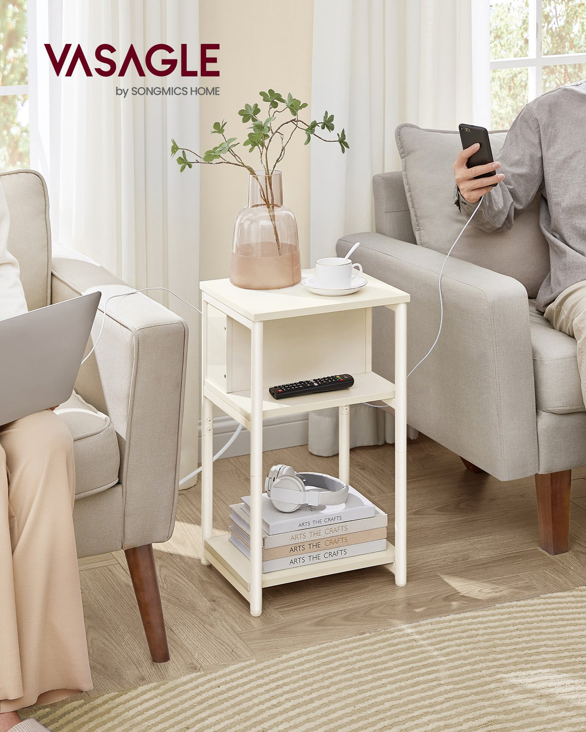 3-Tier End Table with Charging Station Chestnut Brown and Black