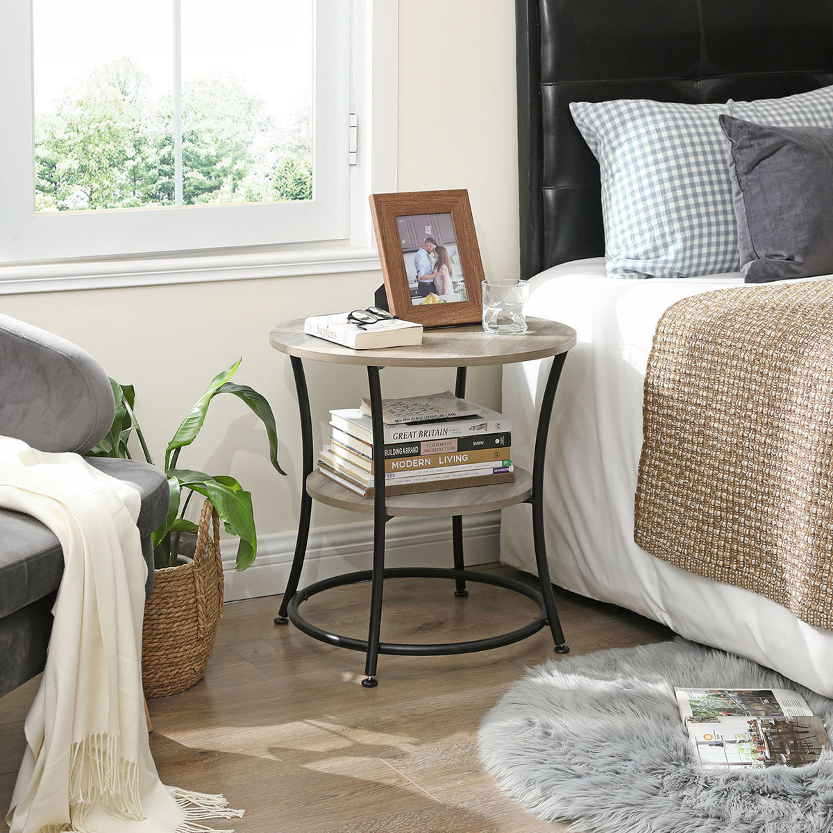 Side Table | Round End Table with Shelves