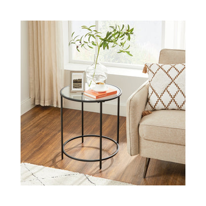 Round Side Table, Tempered Glass End Table with Golden Metal Frame, Small Coffee Table