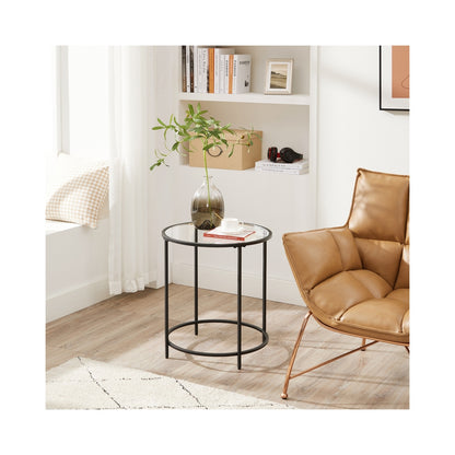 Round Side Table, Tempered Glass End Table with Golden Metal Frame, Small Coffee Table