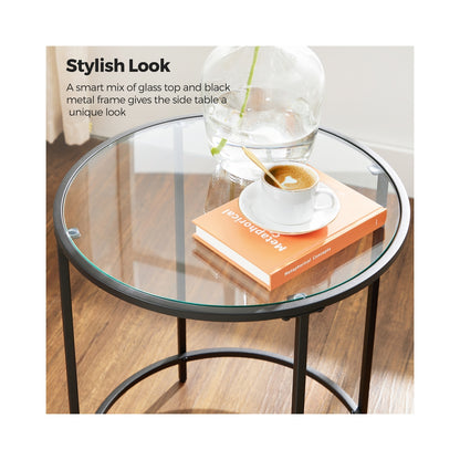 Round Side Table, Tempered Glass End Table with Golden Metal Frame, Small Coffee Table