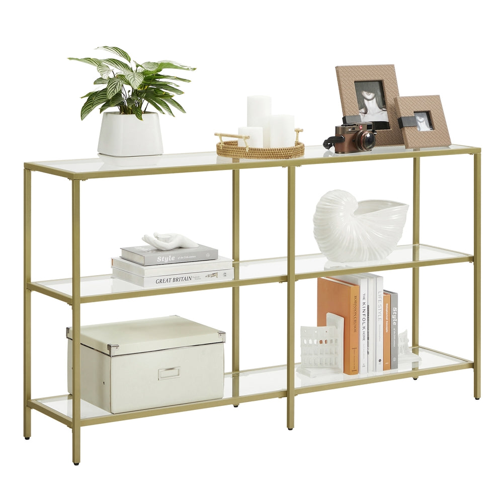 Console Sofa Table with 3 Shelves, 51.2 x 11.8 x 28.7 Inches, Metal Frame, Tempered Glass Shelf