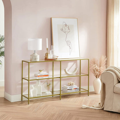 Console Sofa Table with 3 Shelves, 51.2 x 11.8 x 28.7 Inches, Metal Frame, Tempered Glass Shelf