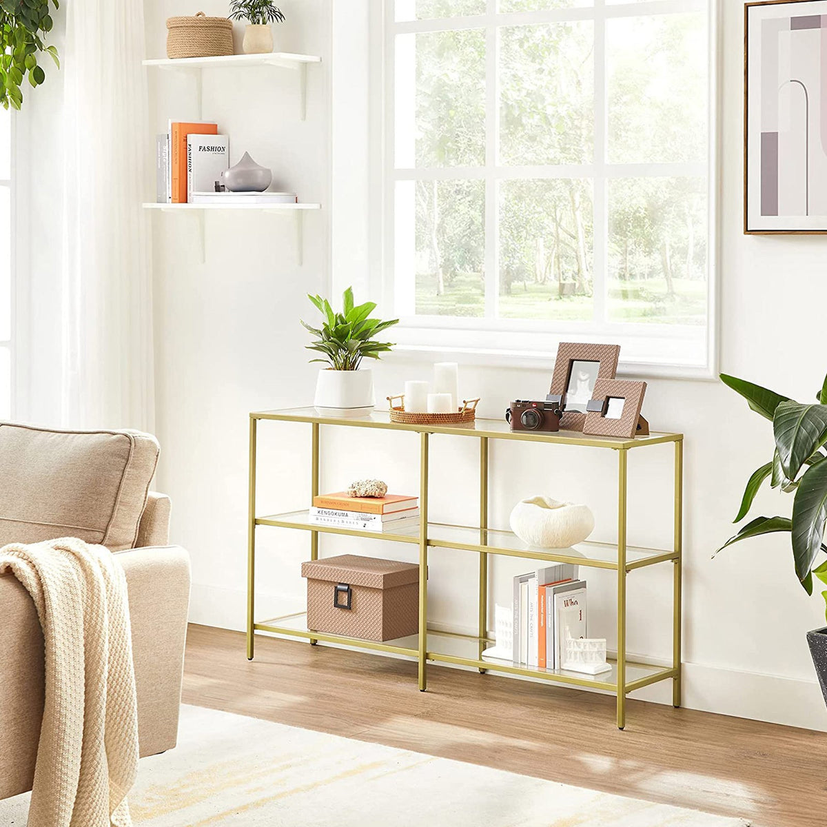 Console Sofa Table with 3 Shelves, 51.2 x 11.8 x 28.7 Inches, Metal Frame, Tempered Glass Shelf