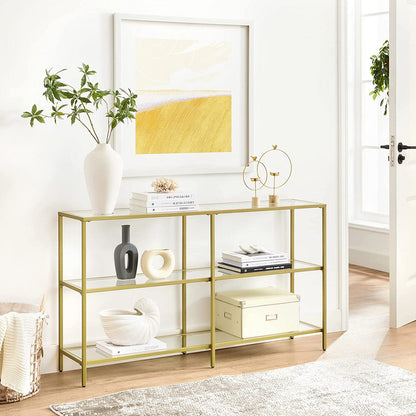 Console Sofa Table with 3 Shelves, 51.2 x 11.8 x 28.7 Inches, Metal Frame, Tempered Glass Shelf