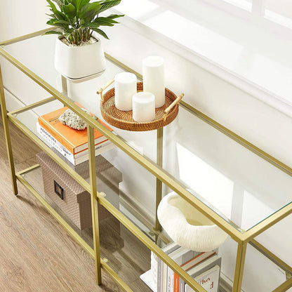 Console Sofa Table with 3 Shelves, 51.2 x 11.8 x 28.7 Inches, Metal Frame, Tempered Glass Shelf