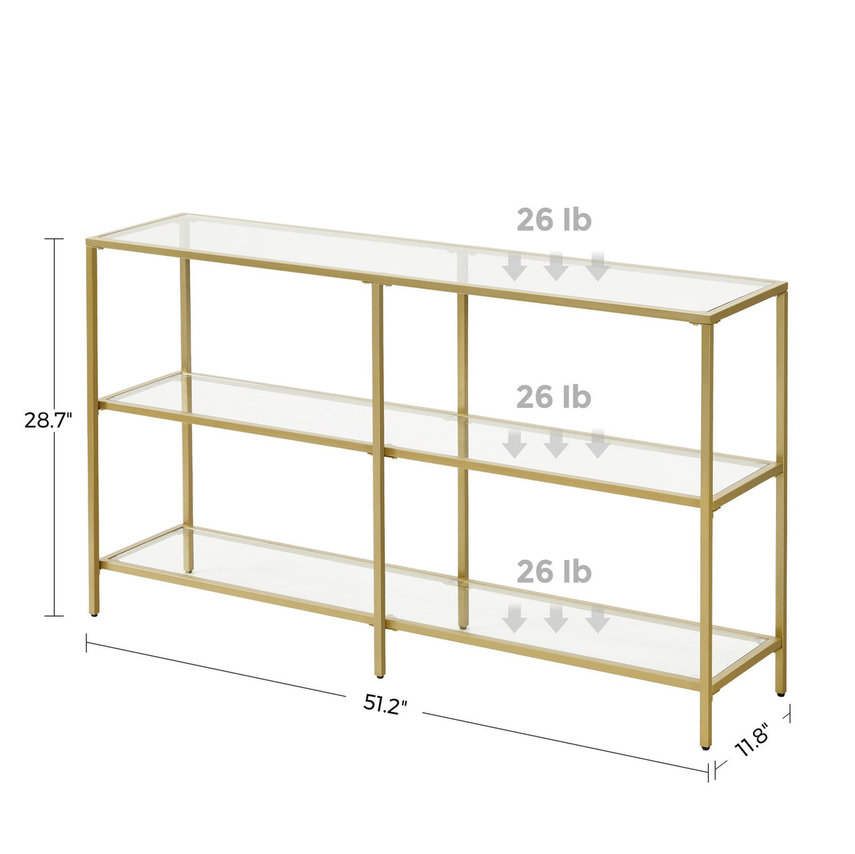 Console Sofa Table with 3 Shelves, 51.2 x 11.8 x 28.7 Inches, Metal Frame, Tempered Glass Shelf