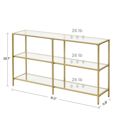 Console Sofa Table with 3 Shelves, 51.2 x 11.8 x 28.7 Inches, Metal Frame, Tempered Glass Shelf