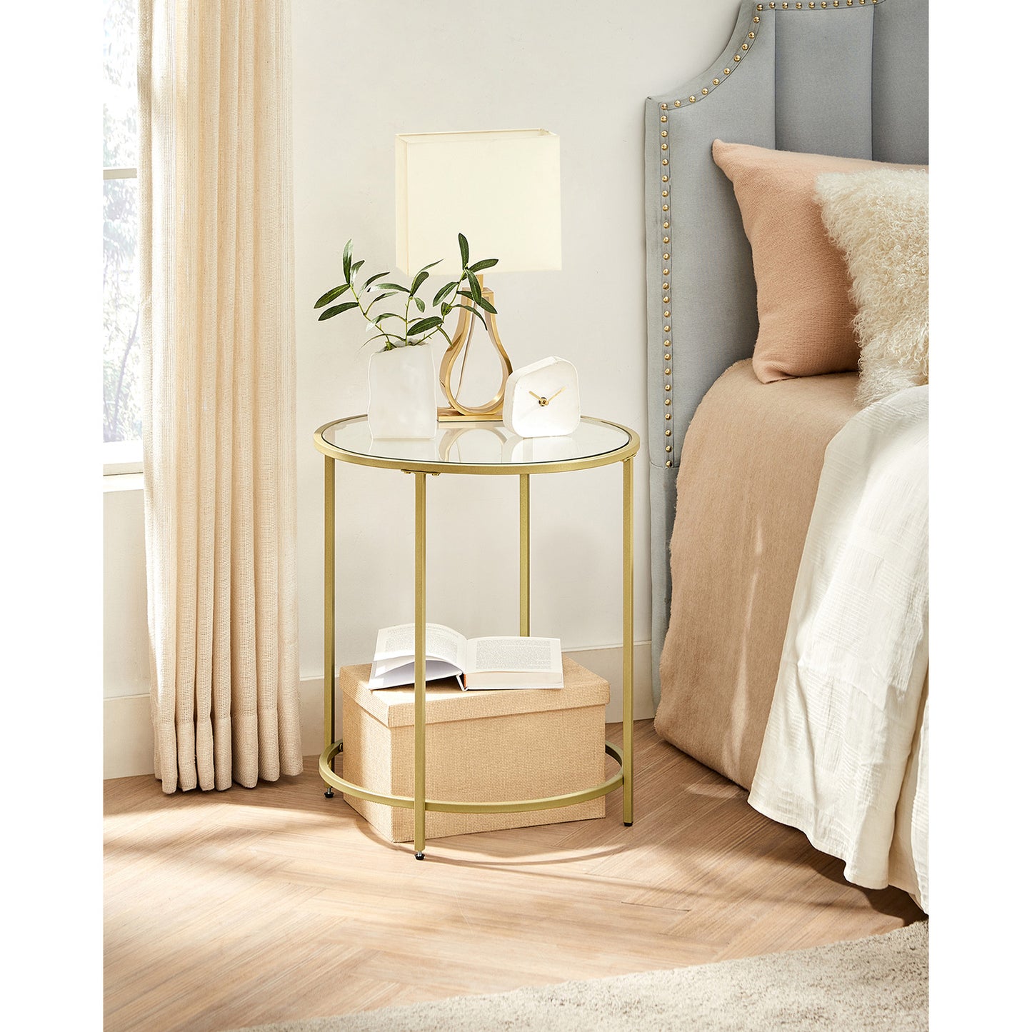 Glass Round Side Table with Metal Frame, Set of 2 - HWLEXTRA 