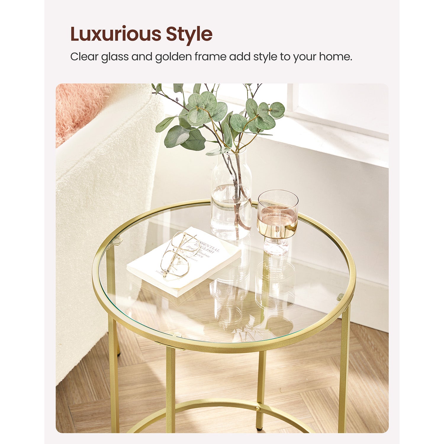Glass Round Side Table with Metal Frame, Set of 2 - HWLEXTRA 