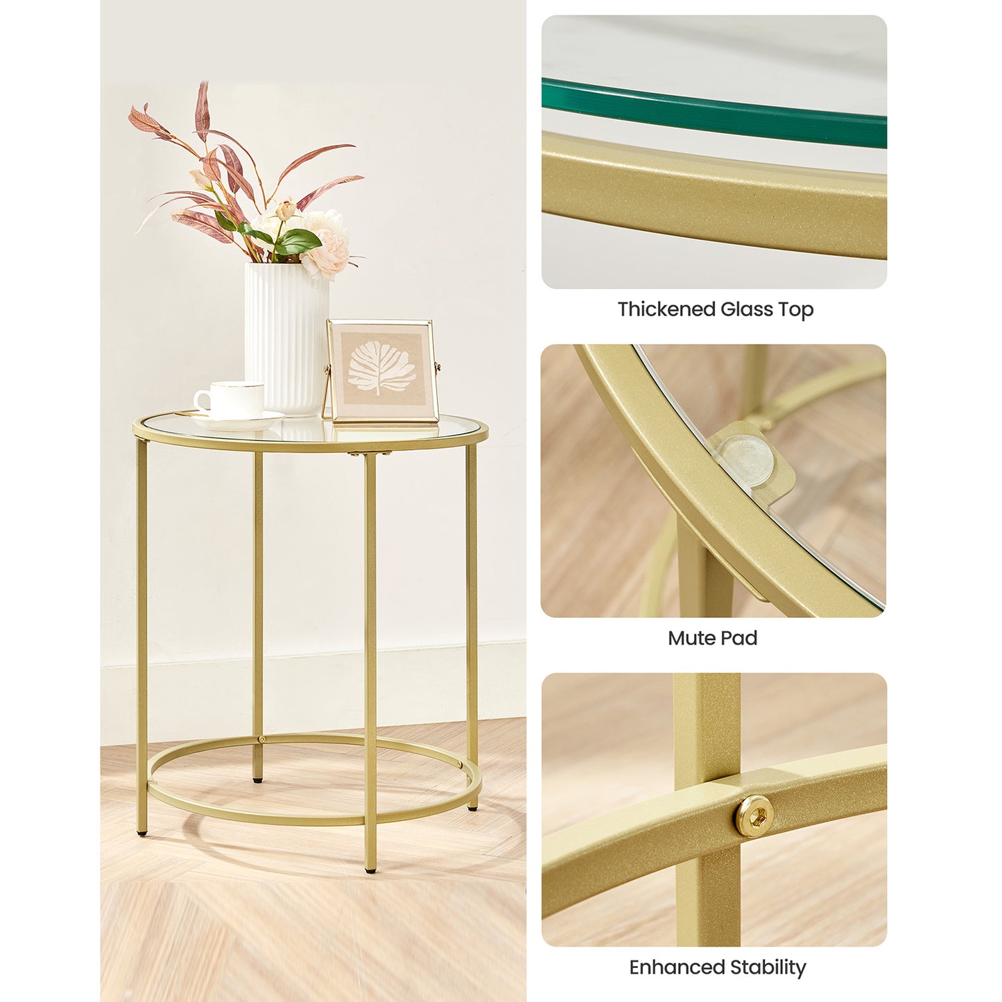 Glass Round Side Table with Metal Frame, Set of 2 - HWLEXTRA 