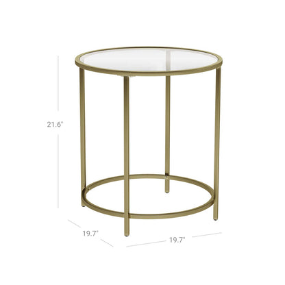 Round Side Table, Tempered Glass End Table with Golden Metal Frame, Small Coffee Table