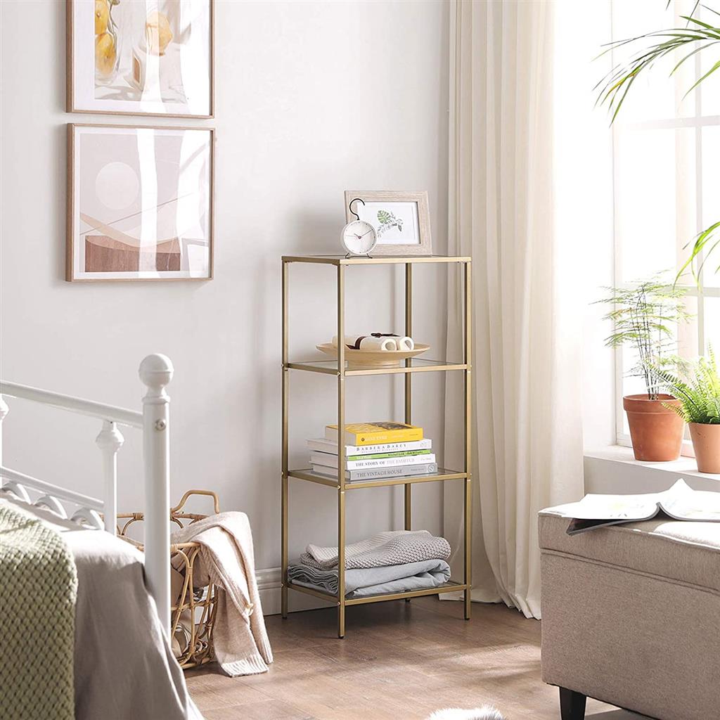 Gold Storage Shelf, Tempered Glass Storage Rack, 4-Tier Display Shelf