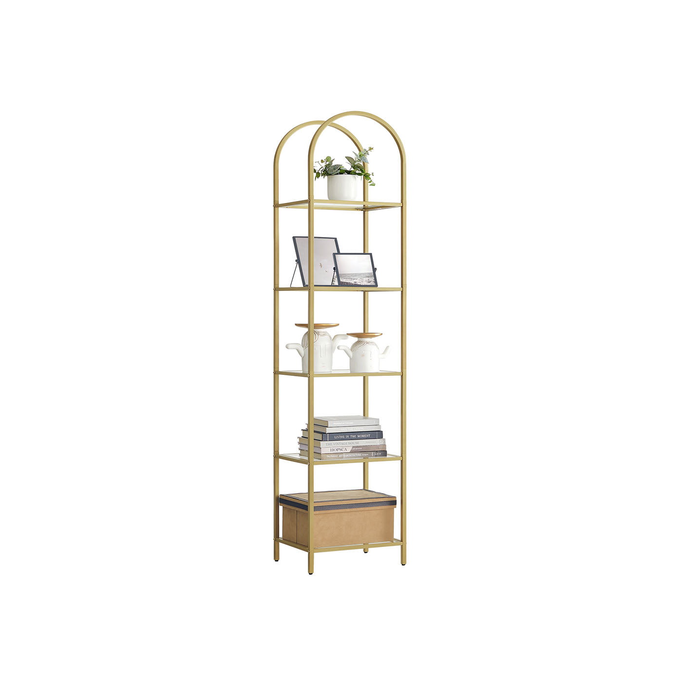 5-Tier Arched Shelf with Tempered Glass & Steel Frame, Multi-Room Metallic Gold - image 1