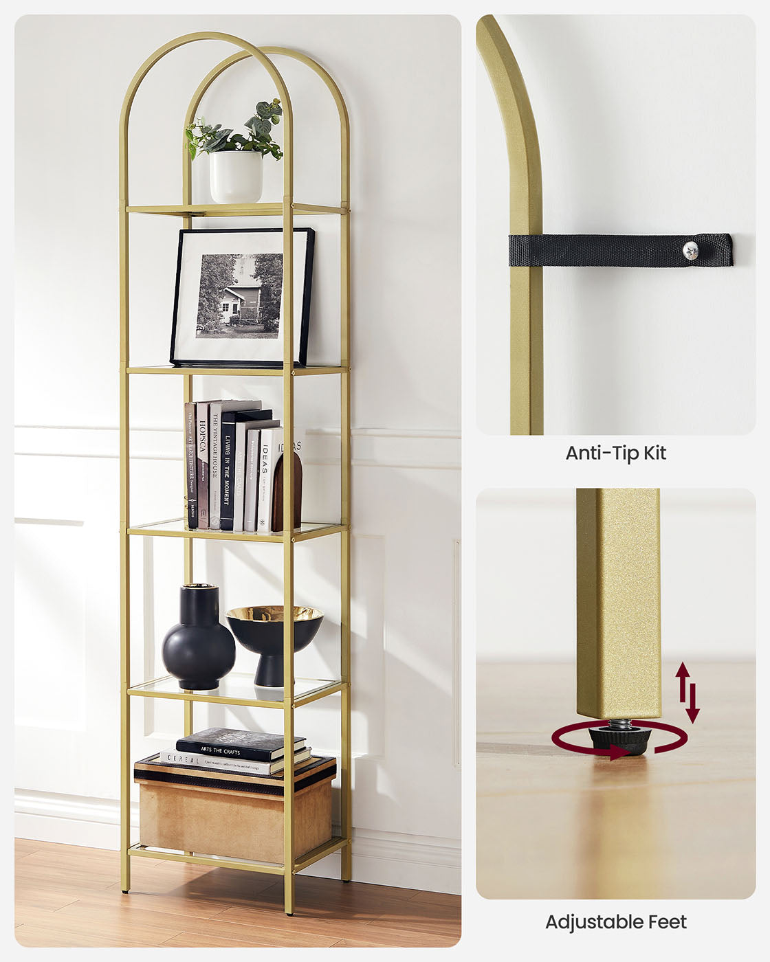 5-Tier Arched Shelf with Tempered Glass & Steel Frame, Multi-Room Metallic Gold - image 2