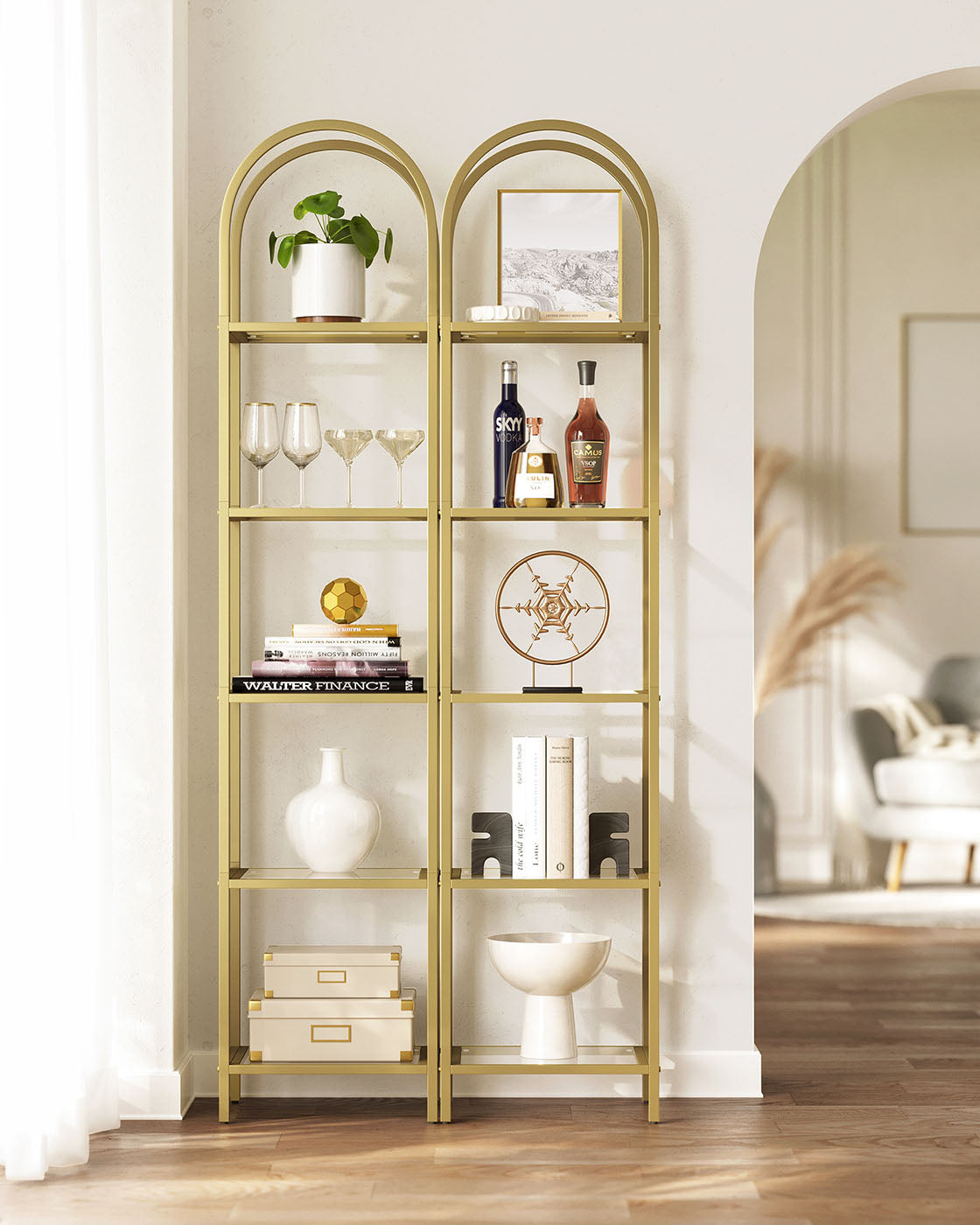 5-Tier Arched Shelf with Tempered Glass & Steel Frame, Multi-Room Metallic Gold - image 3