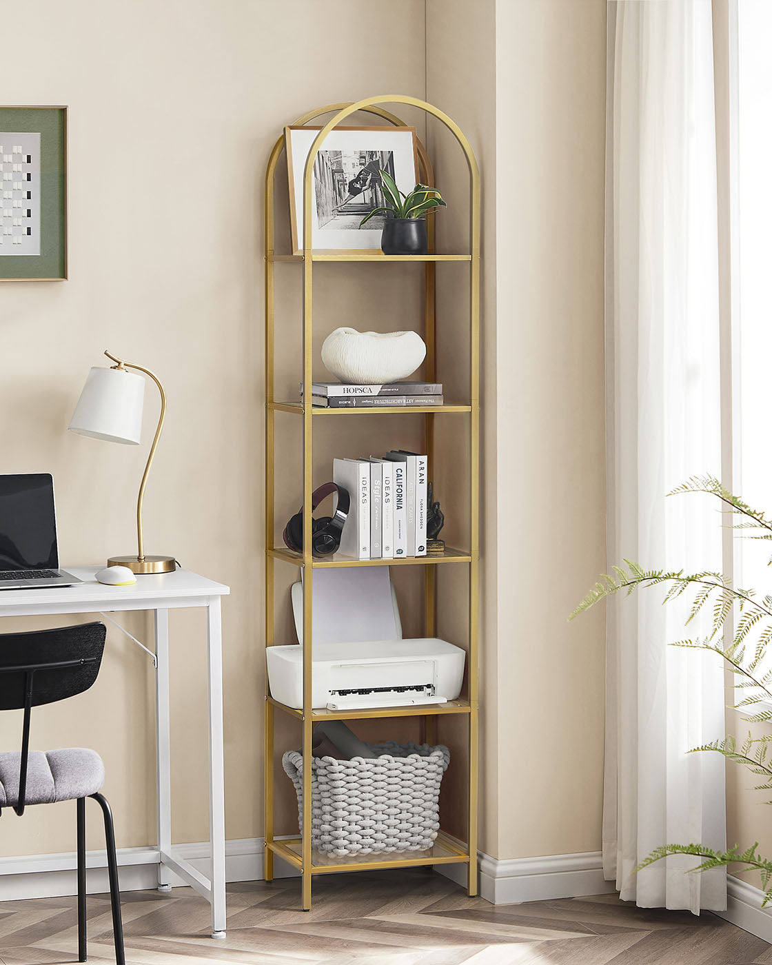 5-Tier Arched Shelf with Tempered Glass & Steel Frame, Multi-Room Metallic Gold - image 4