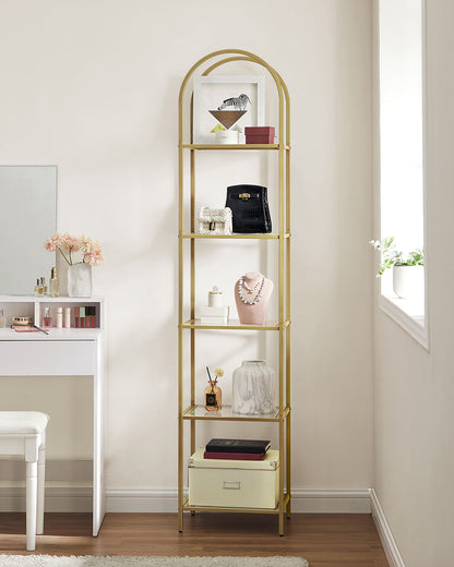 5-Tier Arched Shelf with Tempered Glass & Steel Frame, Multi-Room Metallic Gold - image 5