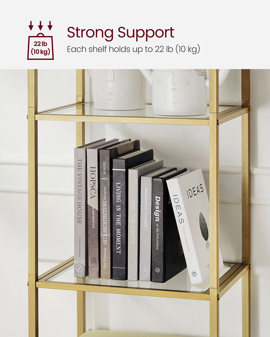 5-Tier Arched Shelf with Tempered Glass & Steel Frame, Multi-Room Metallic Gold - image 7