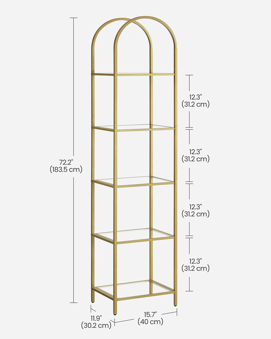 5-Tier Arched Shelf with Tempered Glass & Steel Frame, Multi-Room Metallic Gold - image 8