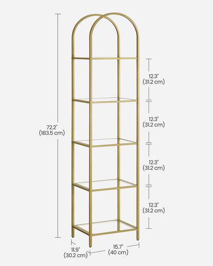 5-Tier Arched Shelf with Tempered Glass & Steel Frame, Multi-Room Metallic Gold - image 8