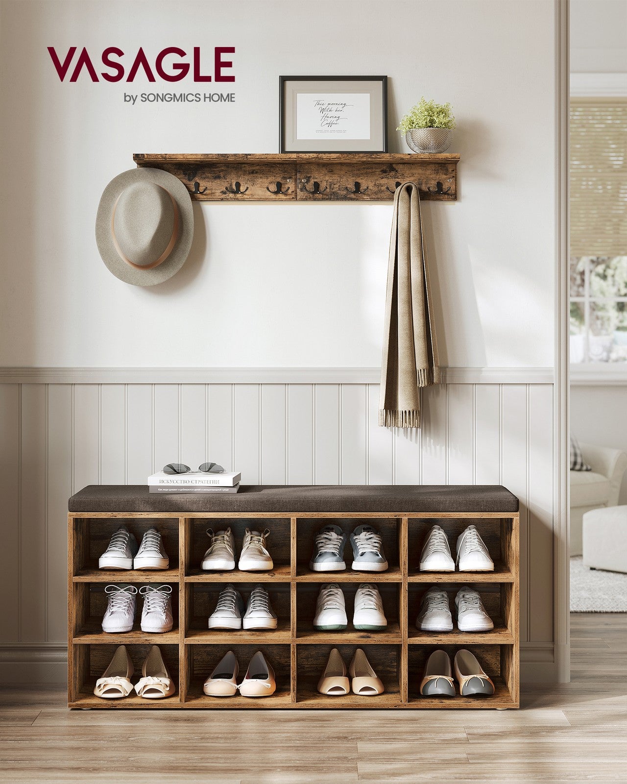 Shoe Bench with Cushion,12 Compartments - image 2