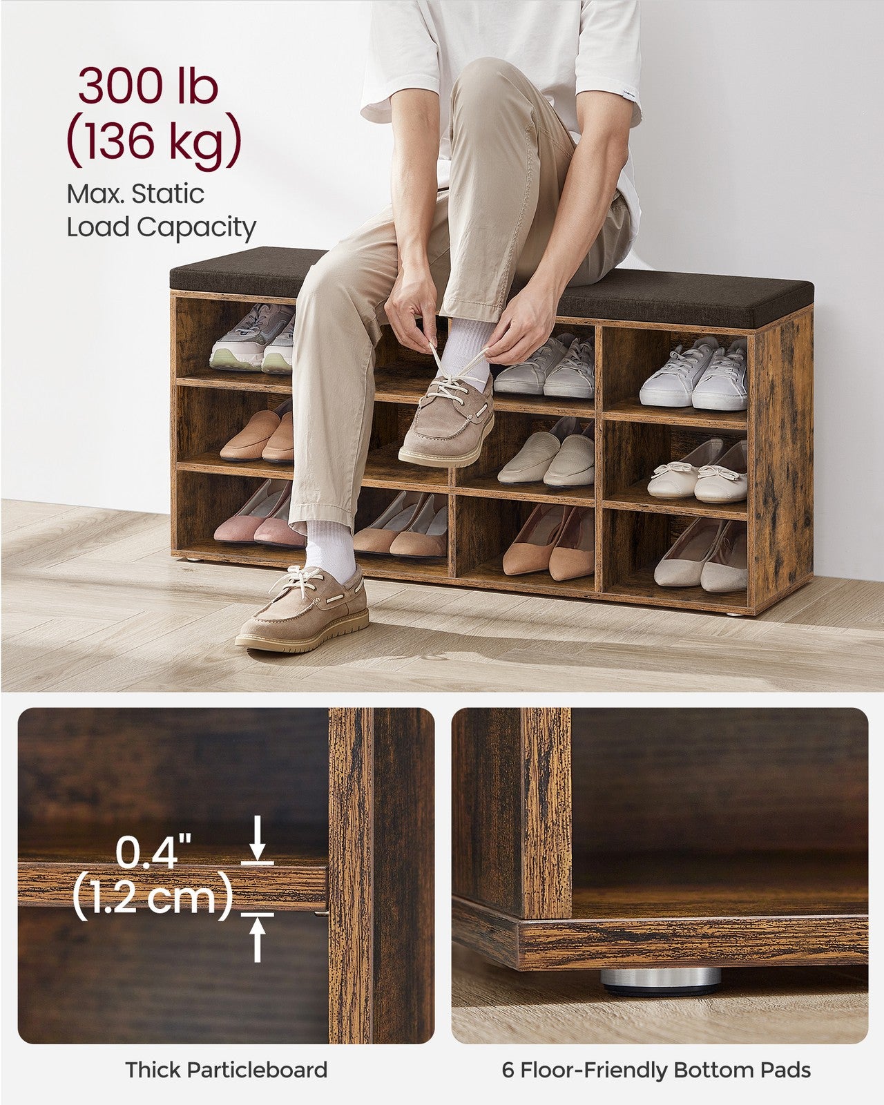 Shoe Bench with Cushion,12 Compartments - image 4