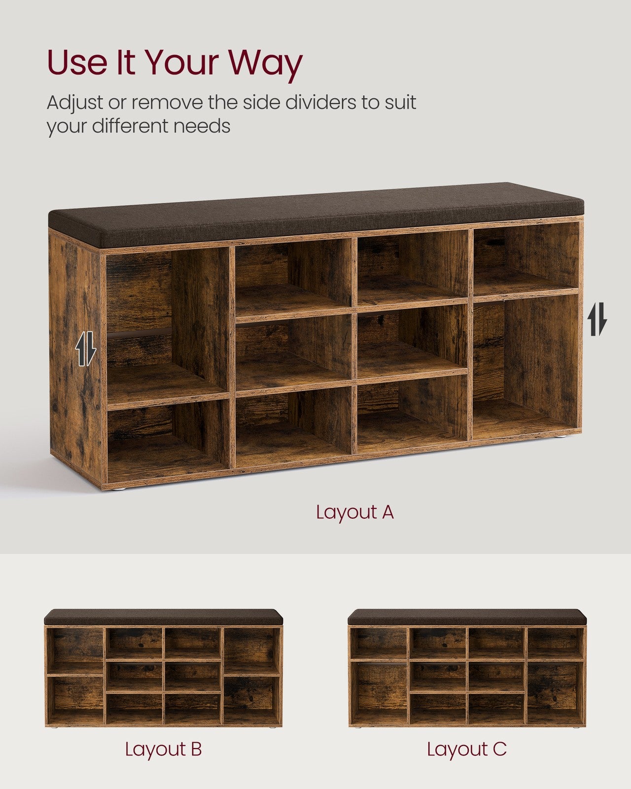 Shoe Bench with Cushion,12 Compartments - image 7
