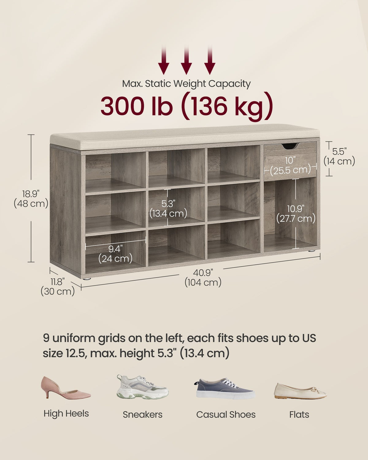 Storage Bench with Cushion, Drawer and Open Compartments