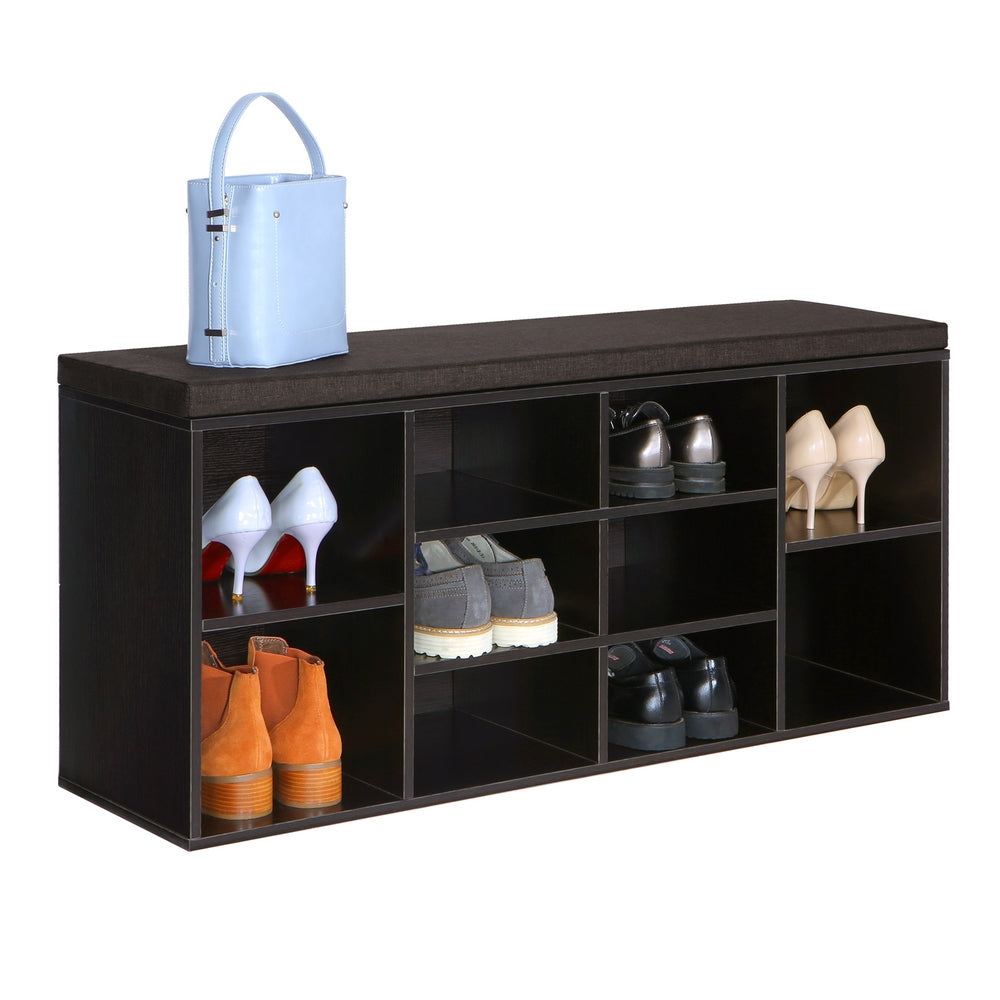Cubbie Shoe Cabinet Storage Bench with Cushion | Adjustable Shelves — Espresso + Brown