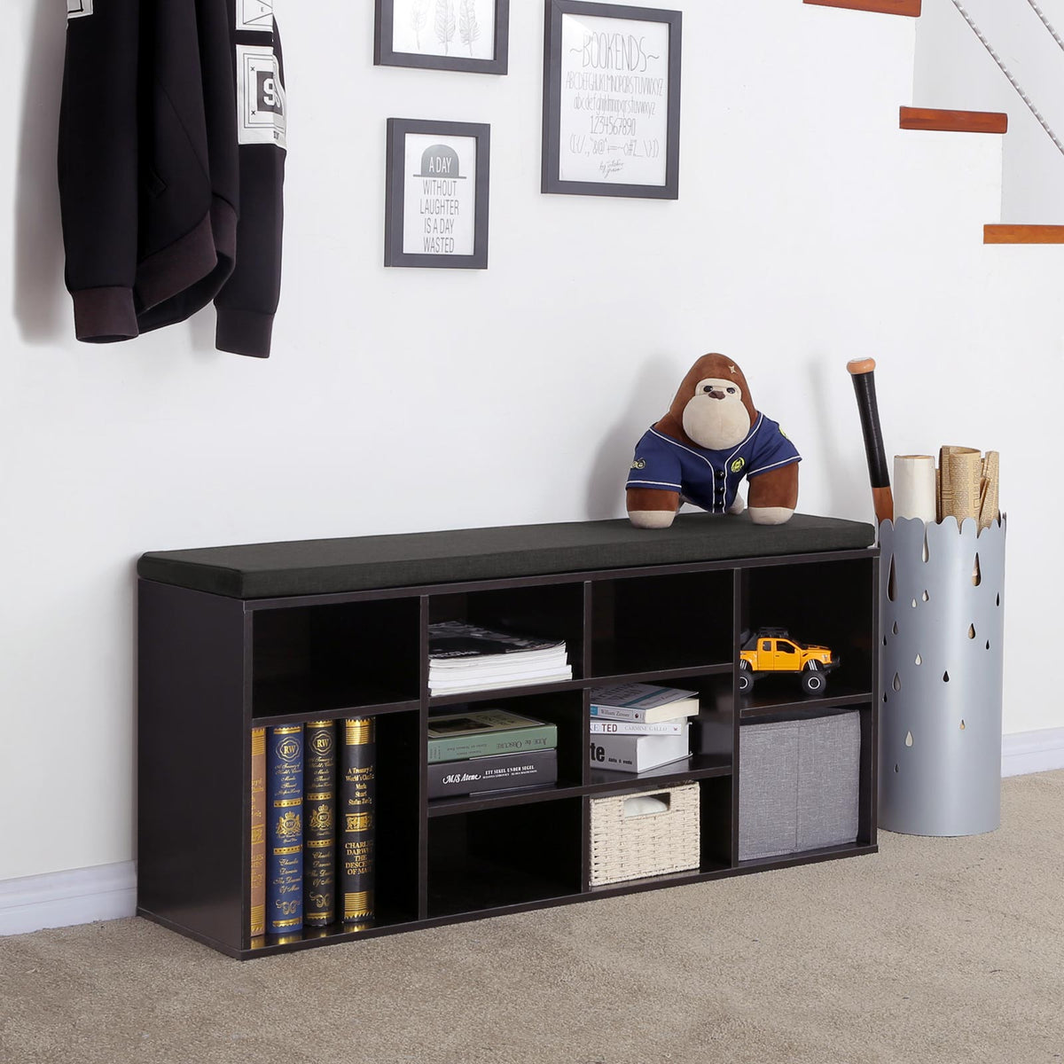 Cubbie Shoe Cabinet Storage Bench with Cushion | Adjustable Shelves